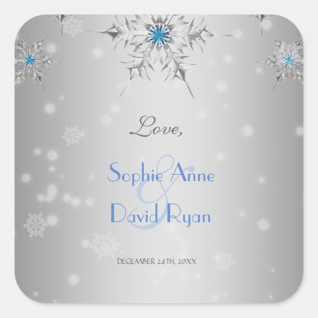 Silver Snowflakes Crystals Silver Pearls Wedding Square Sticker (Front)