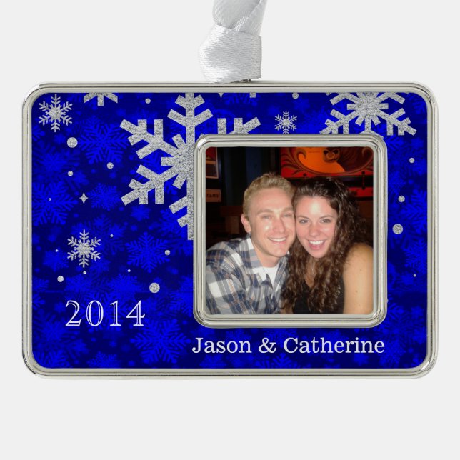 Silver Snowflakes Custom Photo Christmas Ornament (Front)