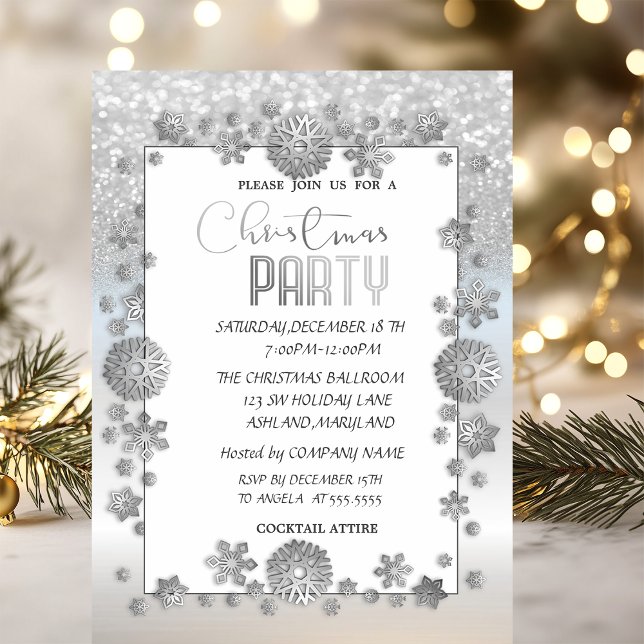 Silver Snowflakes Glitter  Company Christmas Party Invitation (Creator Uploaded)