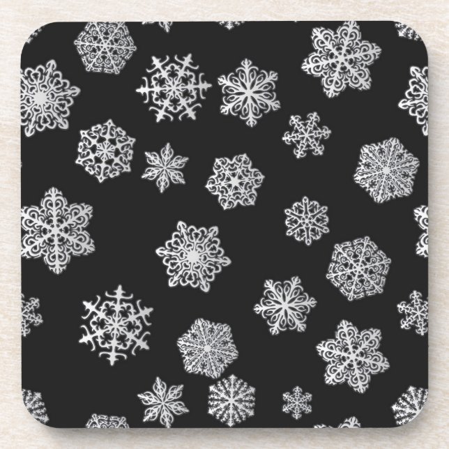 Silver snowflakes on a black background coaster (Front)