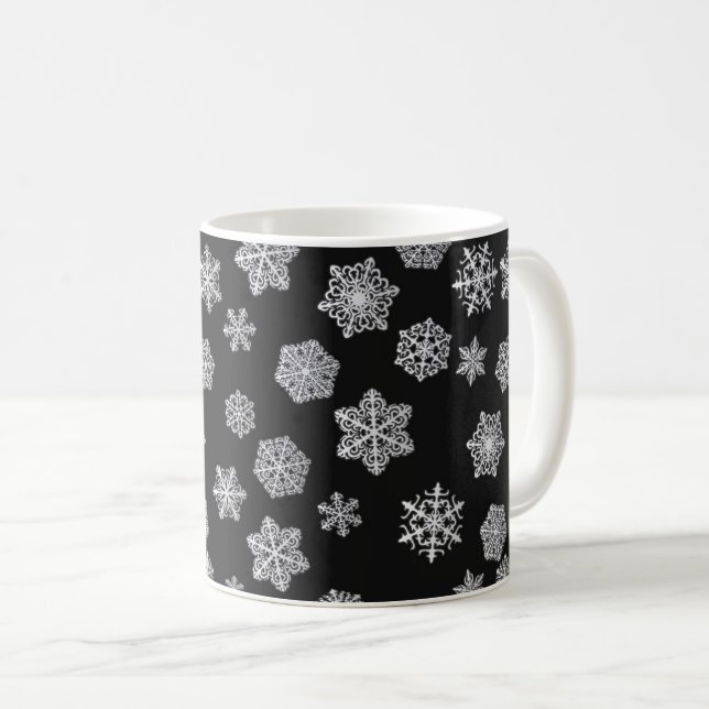 Silver snowflakes on a black background coffee mug (Front Right)