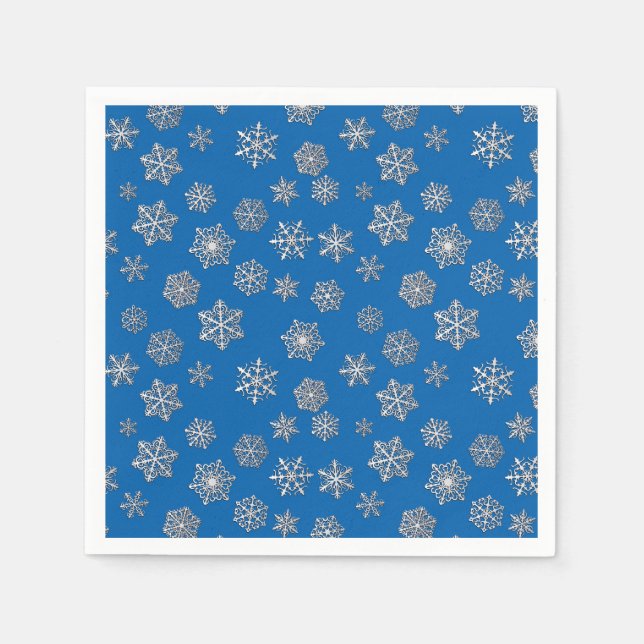 Silver snowflakes on a cobalt blue background napkin (Front)
