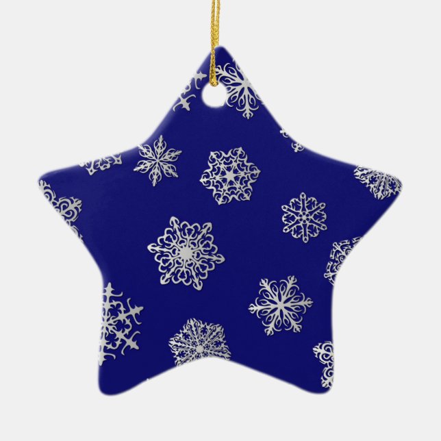 Silver snowflakes on a dark blue background ceramic tree decoration (Front)