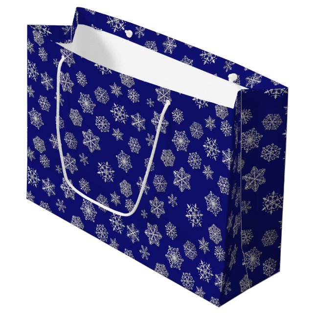 Silver snowflakes on a dark blue background large gift bag (Front Angled)