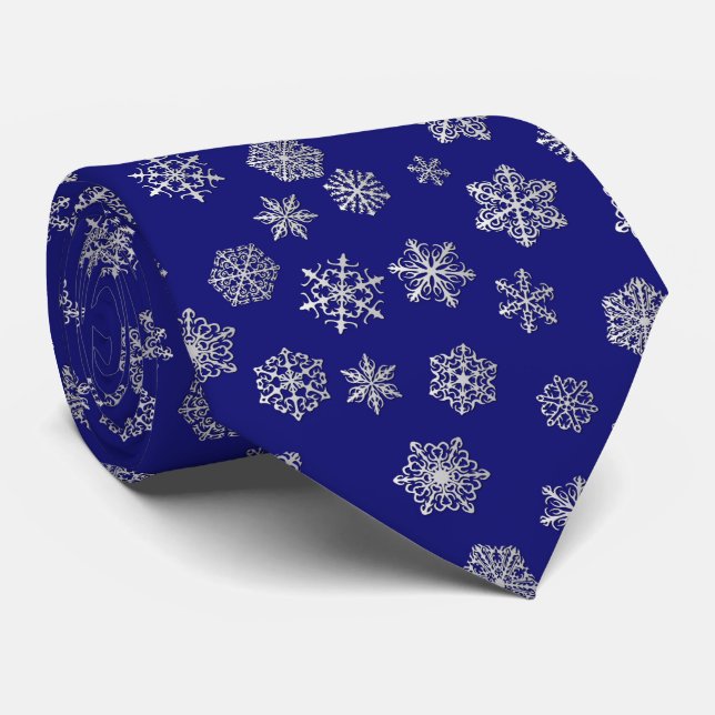 Silver snowflakes on a dark blue background tie (Rolled)