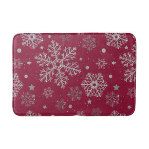 Silver snowflakes on dark red bath mat