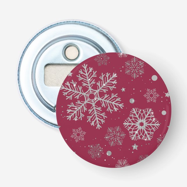 Silver snowflakes on dark red bottle opener (Front)