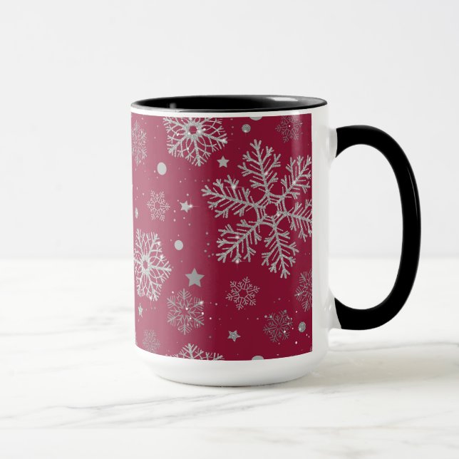 Silver snowflakes on dark red mug (Right)