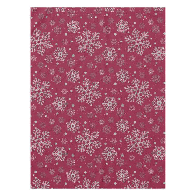 Silver snowflakes on dark red tablecloth (Front)