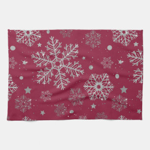 Silver snowflakes on dark red tea towel