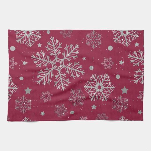 Silver snowflakes on dark red tea towel (Horizontal)