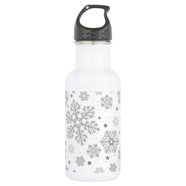 Silver snowflakes on white 532 ml water bottle (Front)