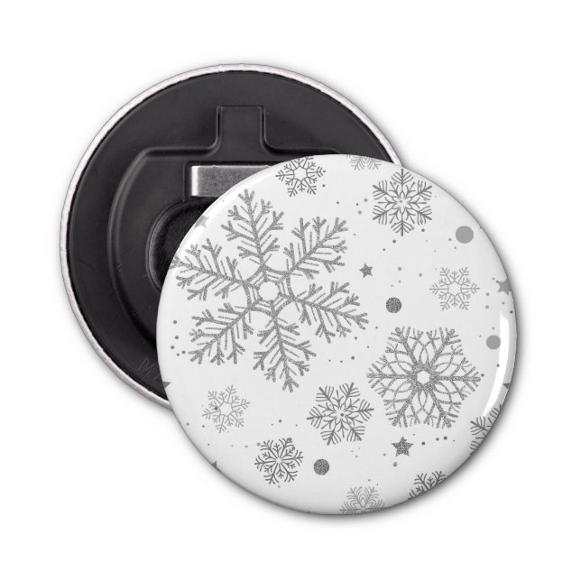 Silver snowflakes on white bottle opener (Front)