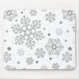 Silver snowflakes on white mouse pad