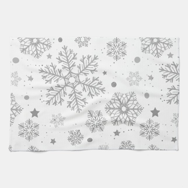 Silver snowflakes on white tea towel (Horizontal)