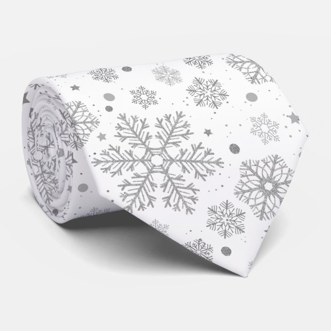 Silver snowflakes on white tie (Rolled)