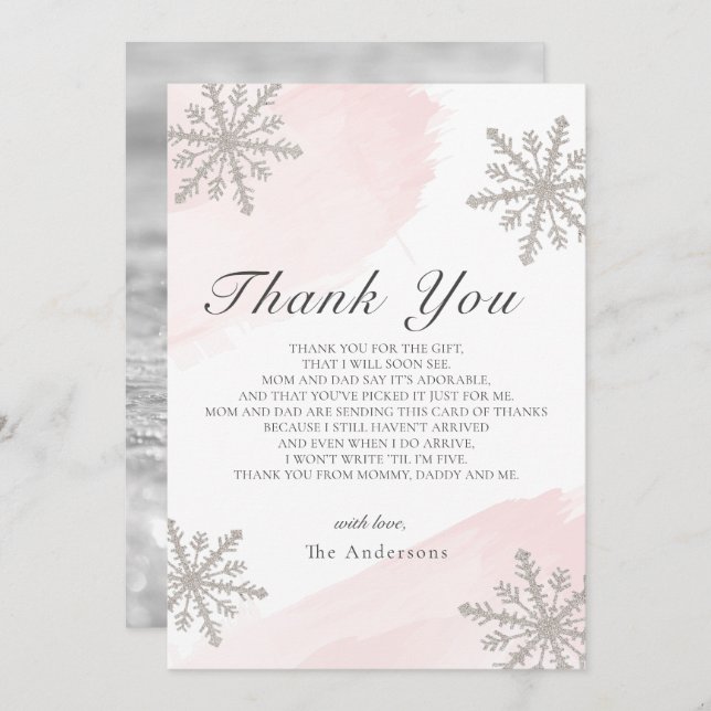 Silver Snowflakes Pink Baby Shower Thank You Card (Front/Back)