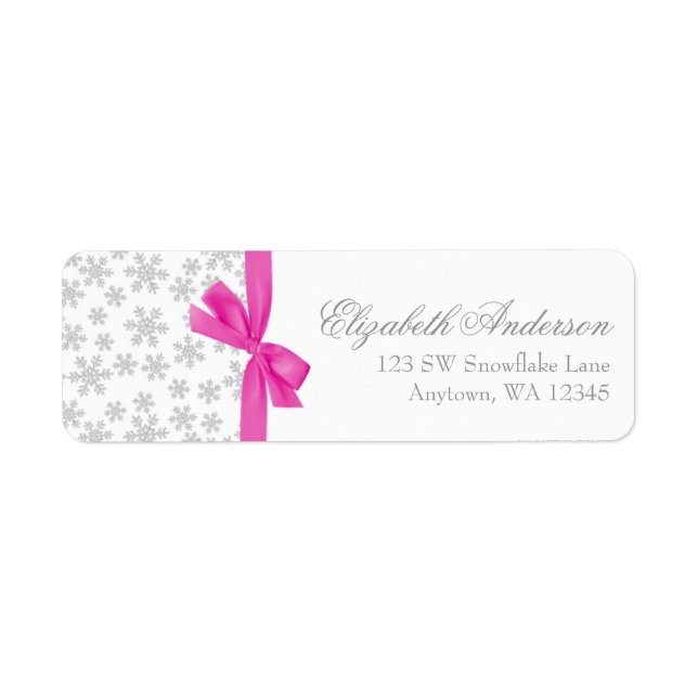 Silver Snowflakes Pink Bow Address Labels (Front)
