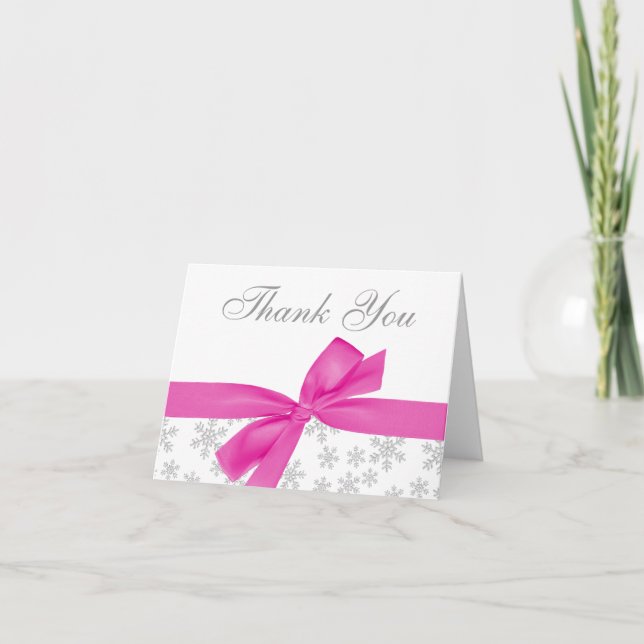 Silver Snowflakes Pink Bow Thank You Card (Front)