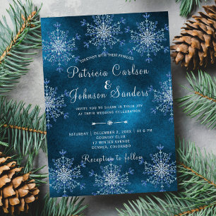 Silver snowflakes rustic navy blue winter wedding invitation