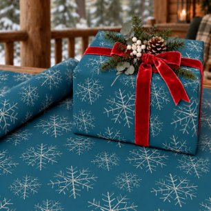 Silver Snowflakes Snowing Teal Blue Wrapping Paper