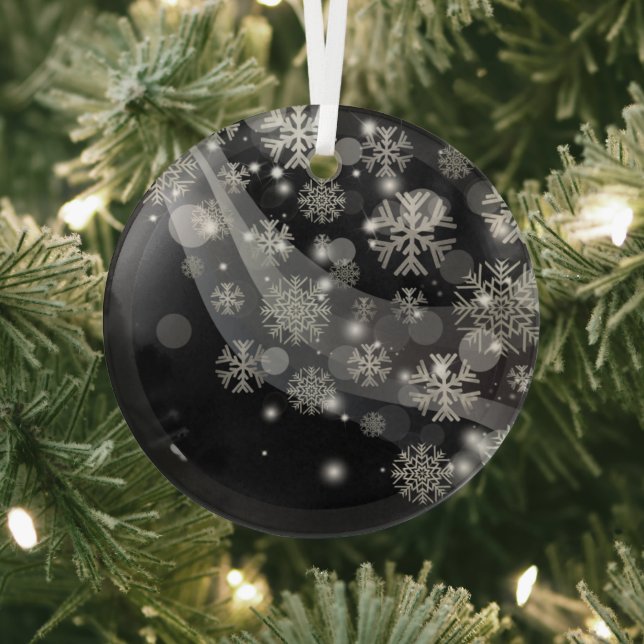 Silver Snowflakes Sparkles And Lights On Black Glass Tree Decoration (Insitu)