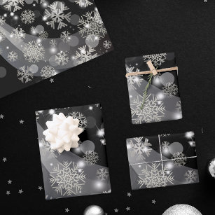 Silver Snowflakes Sparkles And Lights On Black Wrapping Paper Sheet