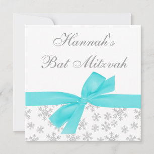Silver Snowflakes Teal Bow Bat Mitzvah Invitation