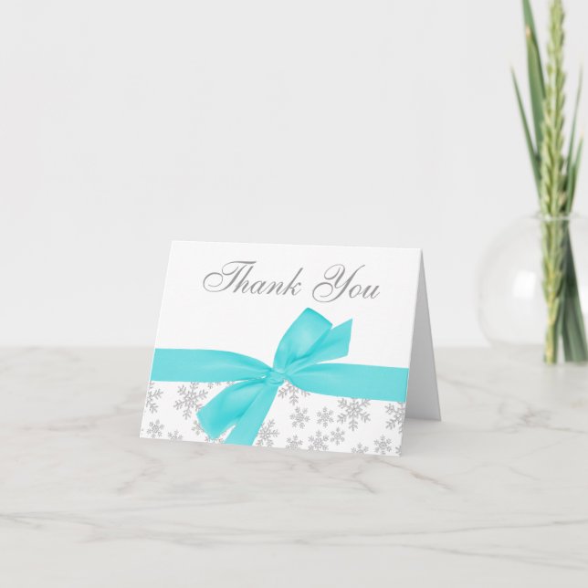 Silver Snowflakes Teal Bow Thank You Card (Front)