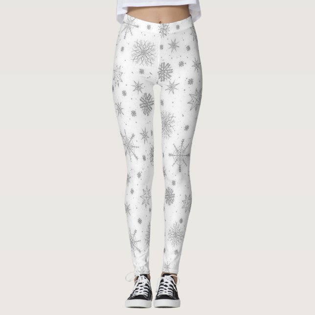 Silver Snowflakes White Design Leggings (Front)