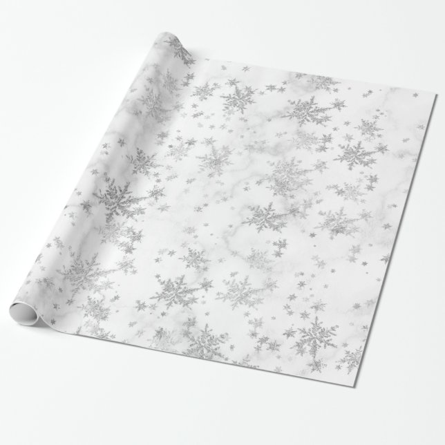 Silver Snowflakes White Marble Wrapping Paper (Unrolled)