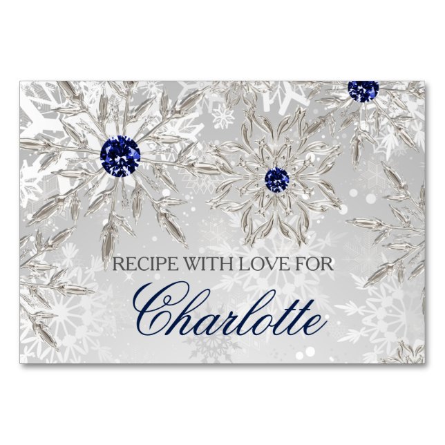 silver snowflakes winter bridal shower recipe card (Front)