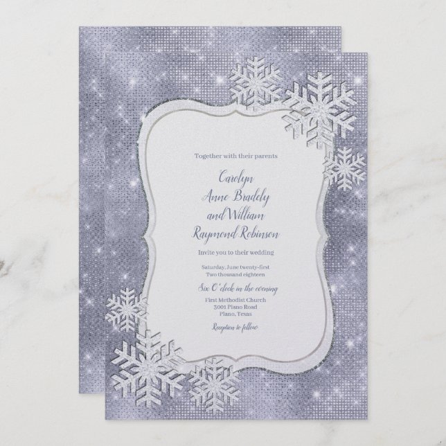 Silver Snowflakes Winter Wedding Invitation (Front/Back)