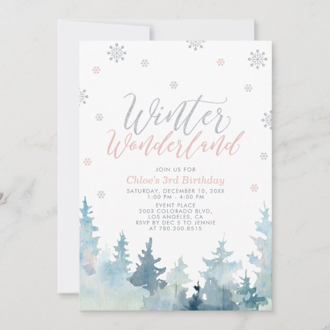 Silver Snowflakes Winter Wonderland 3rd Birthday Invitation (Front)