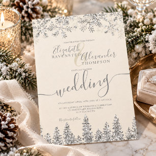 Silver Snowy Pines Soft Ivory Winter Wedding Invitation