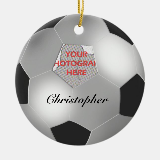 Silver Soccer ball customisable photo frame Ceramic Tree Decoration (Front)