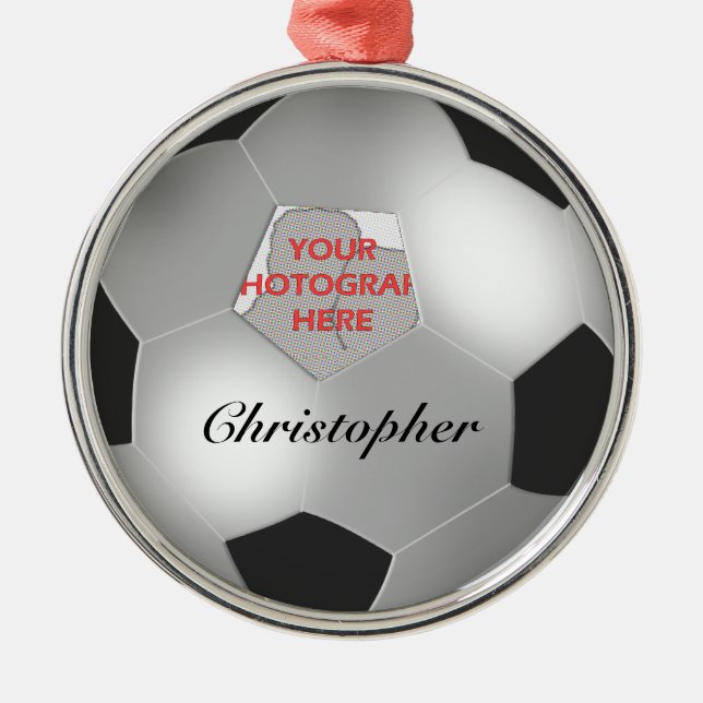 Silver Soccer ball customisable photo frame Metal Tree Decoration (Front)