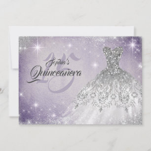 Silver Soft Purple Lace Diamond Gown Quinceanera  Invitation
