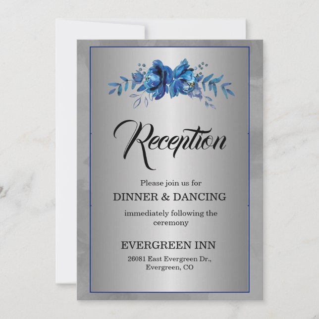Silver Soirée Blooming Blue Affair Reception Invitation (Front)