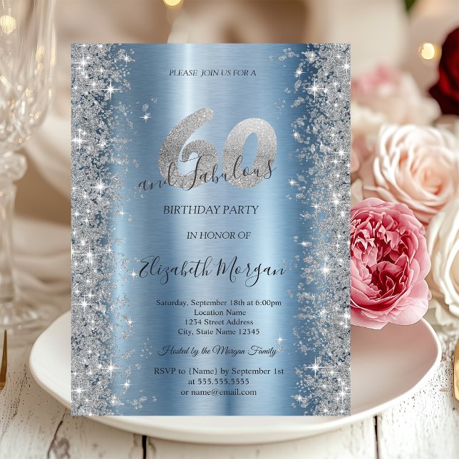 Silver Sparkle Diamonds Blue 60th Birthday   Invitation (Creator Uploaded)