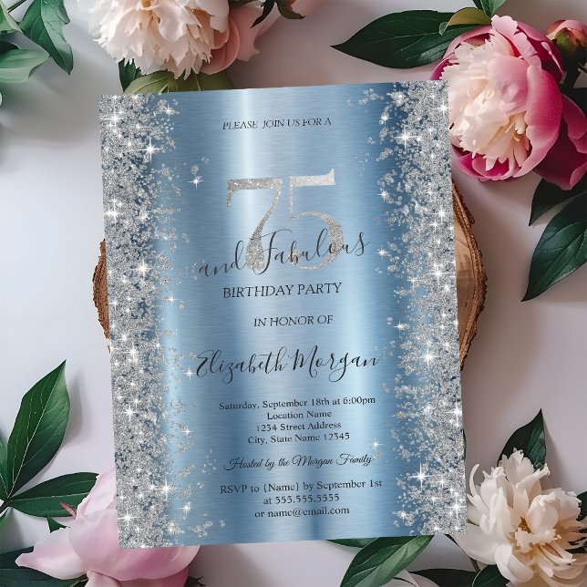 Silver Sparkle Diamonds Blue 75th Birthday   Invitation (Creator Uploaded)