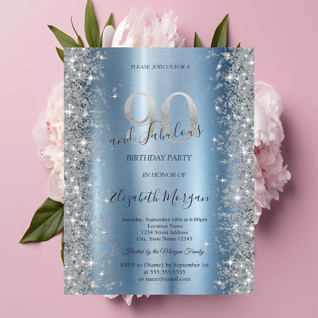 Silver Sparkle Diamonds Blue 90th Birthday   Invitation (Creator Uploaded)