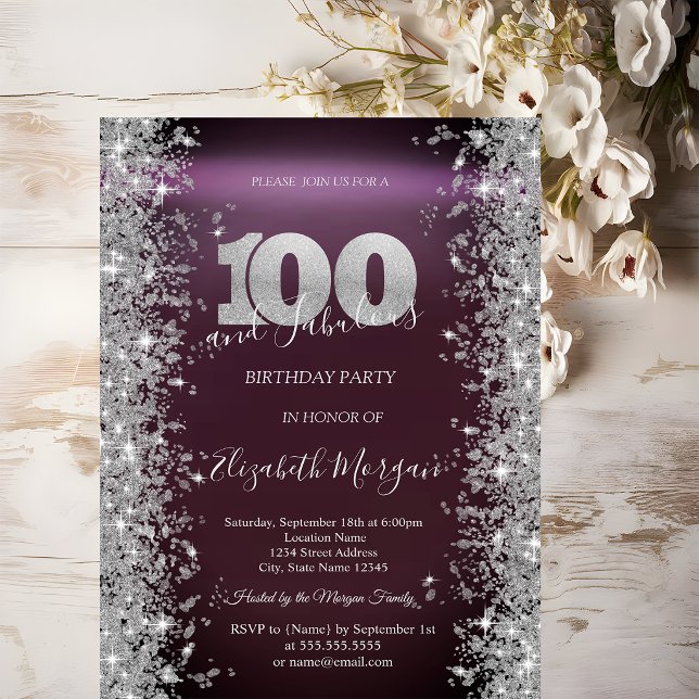 Silver Sparkle Diamonds Burgundy 100th Birthday   Invitation (Creator Uploaded)
