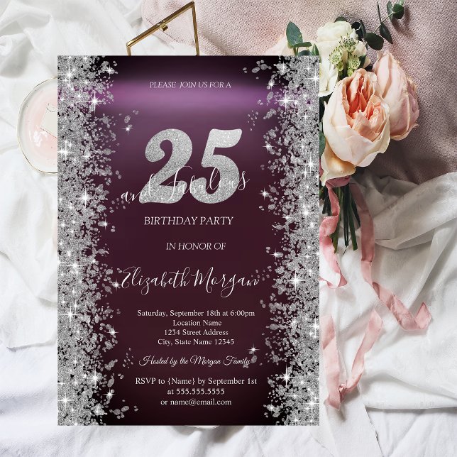 Silver Sparkle Diamonds Burgundy 25th Birthday   Invitation (Creator Uploaded)