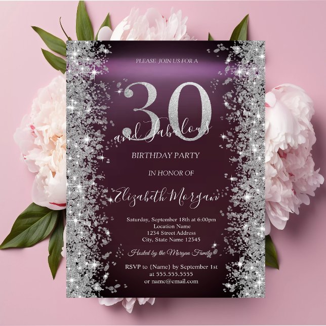 Silver Sparkle Diamonds Burgundy 30th Birthday   Invitation (Creator Uploaded)