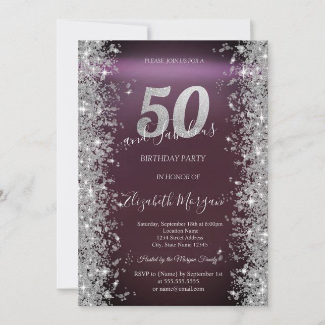 Silver Sparkle Diamonds Burgundy 50th Birthday   Invitation (Front)