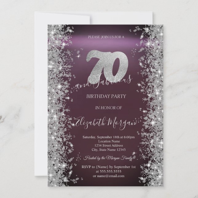 Silver Sparkle Diamonds Burgundy 70th Birthday   Invitation (Front)