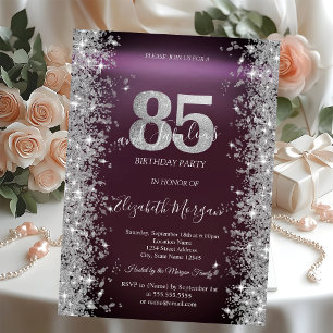 Silver Sparkle Diamonds Burgundy 85th Birthday   Invitation