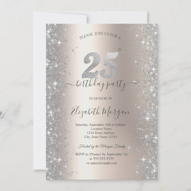 Silver Sparkle Diamonds Ivory 25th Birthday Party Invitation (Front)