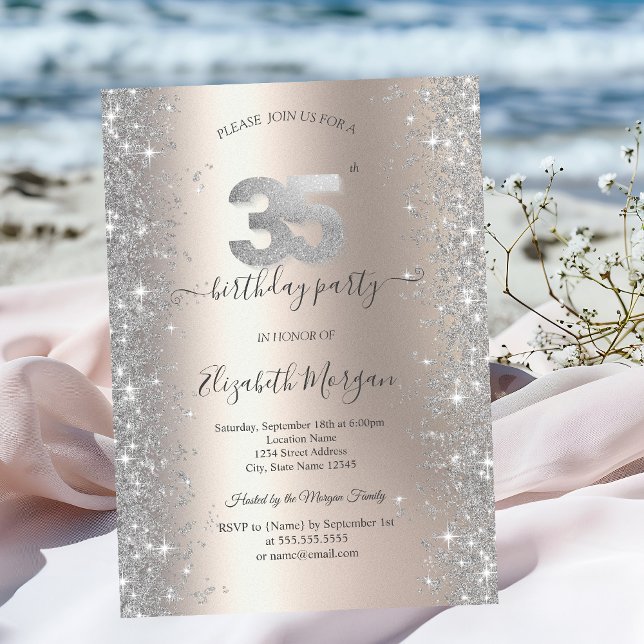Silver Sparkle Diamonds Ivory 35th Birthday Party Invitation (Creator Uploaded)